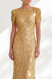 Sparkly Mermaid Golden Round Neck Sequins Long Mother Of the Bride Dress