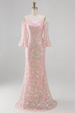 Sparkly Blush Off the Shoulder Sequins Embroidery Mermaid Formal Dress with 3/4 Sleeves