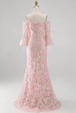 Sparkly Blush Off the Shoulder Sequins Embroidery Mermaid Formal Dress with 3/4 Sleeves