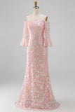 Sparkly Blush Off the Shoulder Sequins Embroidery Mermaid Formal Dress with 3/4 Sleeves
