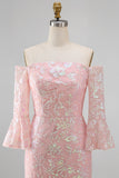 Sparkly Blush Off the Shoulder Sequins Embroidery Mermaid Formal Dress with 3/4 Sleeves