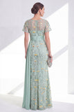Green Mermaid Round Neck Floral Long Mother Of the Bride Dress with Sash