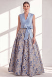 Blue A-Line V-Neck Floral Long Mother of the Bride Dress with Bow