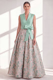 Blue A-Line V-Neck Floral Long Mother of the Bride Dress with Bow