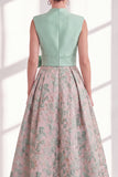 Blue A-Line V-Neck Floral Long Mother of the Bride Dress with Bow