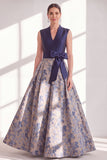 Blue A-Line V-Neck Floral Long Mother of the Bride Dress with Bow