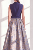 Blue A-Line V-Neck Floral Long Mother of the Bride Dress with Bow