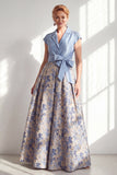 Navy A-Line V-Neck Notch Lapel Floral Long Mother of the Bride Dress with Bow