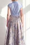 Navy A-Line V-Neck Notch Lapel Floral Long Mother of the Bride Dress with Bow
