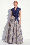 Navy A-Line V-Neck Notch Lapel Floral Long Mother of the Bride Dress with Bow