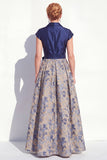 Navy A-Line V-Neck Notch Lapel Floral Long Mother of the Bride Dress with Bow