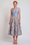 A-Line Navy V-Neck Floral Midi Mother of the Bride Dress