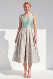 A-Line Navy V-Neck Floral Midi Mother of the Bride Dress