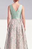 A-Line Navy V-Neck Floral Midi Mother of the Bride Dress