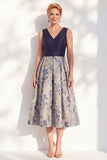 A-Line Navy V-Neck Floral Midi Mother of the Bride Dress