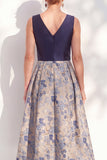 A-Line Navy V-Neck Floral Midi Mother of the Bride Dress