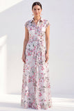 White A-Line Floral Long Mother of the Bride Dress with Belt