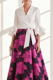 A-Line Fuchsia Flower V-Neck Ruffled Long Mother Of the Bride Dress