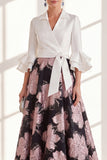 A-Line Fuchsia Flower V-Neck Ruffled Long Mother Of the Bride Dress