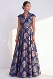 Navy A-Line Floral V-Neck Long Mother of the Bride Dress with Cap Sleeves