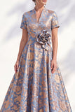 A-Line Blue Golden Flower V-Neck Midi Mother Of the Bride Dress with Belt