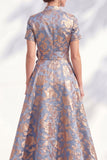 A-Line Blue Golden Flower V-Neck Midi Mother Of the Bride Dress with Belt