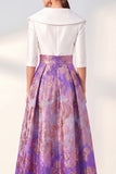 A-Line Navy Floral Long Mother of the Bride Dress with 3/4 Sleeves