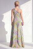 One Shoulder Blue A-Line Floral Ruffled Long Mother of the Bride Dress with Slit