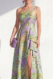 One Shoulder Blue A-Line Floral Ruffled Long Mother of the Bride Dress with Slit