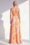 One Shoulder Blue A-Line Floral Ruffled Long Mother of the Bride Dress with Slit
