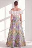 Pink Blue Flower A-Line Off the Shoulder Ruffled Long Mother Of the Bride Dress with Belt