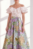 Pink Blue Flower A-Line Off the Shoulder Ruffled Long Mother Of the Bride Dress with Belt