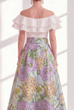 Pink Blue Flower A-Line Off the Shoulder Ruffled Long Mother Of the Bride Dress with Belt