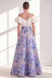 Pink Blue Flower A-Line Off the Shoulder Ruffled Long Mother Of the Bride Dress with Belt