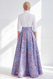 Blue Pink Flower A-Line Long Mother Of the Bride Dress with 3/4 Sleeves