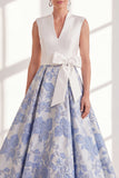 Blue A-Line V-Neck Long Mother Of the Bride Dress with Bow