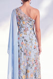 Blue A-Line One Shoulder Floral Long Mother Of the Bride Dress with Side Cape