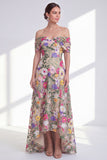 A-Line Light Khaki Off the Shoulder Floral High Low Mother Of the Bride Dress