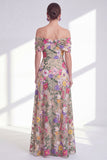 A-Line Light Khaki Off the Shoulder Floral High Low Mother Of the Bride Dress