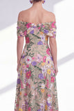 A-Line Light Khaki Off the Shoulder Floral High Low Mother Of the Bride Dress