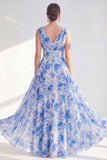 A-Line Blue V-Neck Floral Chiffon Long Mother Of the Bride Dress