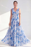 A-Line Blue V-Neck Floral Chiffon Long Mother Of the Bride Dress