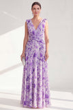 A-Line Purple V-Neck Floral Chiffon Ruched Long Mother Of the Bride Dress