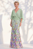Mermaid Champagne Floral V-Neck Long Mother Of the Bride Dress with Cape Sleeves