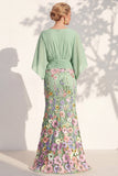Mermaid Champagne Floral V-Neck Long Mother Of the Bride Dress with Cape Sleeves