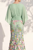 Mermaid Champagne Floral V-Neck Long Mother Of the Bride Dress with Cape Sleeves