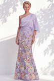 One Shoulder Lilac Mermaid Floral Long Mother Of the Bride Dress with Cape Sleeves