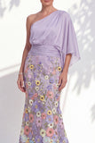 One Shoulder Lilac Mermaid Floral Long Mother Of the Bride Dress with Cape Sleeves