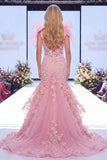 Pink Mermaid Organza Floral Bow Long Pageant Dress with Slit