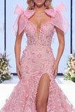 Pink Mermaid Organza Floral Bow Long Pageant Dress with Slit
